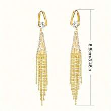 1 Pair Of Luxurious Gold Tassel Hanging Earrings With Shiny Square Crystal Synthetic  - Elegant Personality Jewelry For Parties, Dates And Everyday Charm - 金色 - 查看 8
