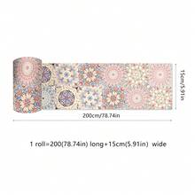 1卷PVC瓷砖家居装饰壁纸，自粘可移除波西米亚陶瓷贴纸，欧式曼陀罗图案墙贴，复古棕绿粉蓝条纹边框，多种尺寸可选（3.94/5.91/7.87/11.8 x 78.7英寸）。墙地两用壁纸，复古风格家居装饰，适用于墙面装饰、室内DIY、厨房、浴室、洗衣房、壁炉及其他房间装饰。 - 彩色 - 查看 17