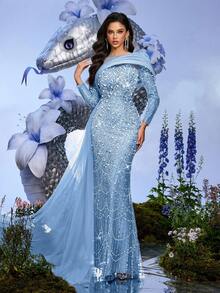 Elisanya 派对礼服香槟色亮片串珠长袖修身礼服适合晚宴、宴会、鸡尾酒会（大量装饰） - 淺藍色 - 查看 2