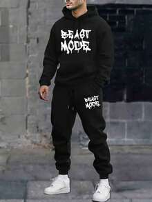 Men's BEAST MODE Autumn Winter 2-Piece Tracksuit Polyester Hoodie + Joggers Set Casual Daily Wear Running Gym Workout Lounge Outdoor Sports Warm Comfortable - 黑色8 - 查看 1