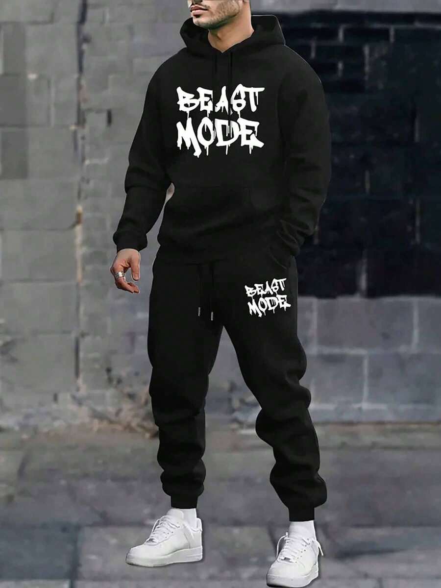 Men's BEAST MODE Autumn Winter 2-Piece Tracksuit Polyester Hoodie + Joggers Set Casual Daily Wear Running Gym Workout Lounge Outdoor Sports Warm Comfortable - 黑色8 - 查看 1