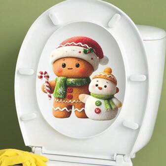 1pc Gingerbread Man & Snowman Toilet Seat Decal, PVC Material 11.4x11.4 Inches, Decorate Your Home, Refresh Your Bathroom Toilet, Bring Holiday Atmosphere