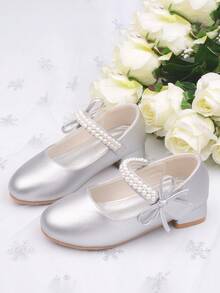 女童珍珠公主鞋，白色皮鞋，中跟，春秋 - 灰色 - 查看 6