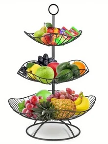 1 件三层铁制水果篮架，金色金属厨房台面收纳架，通风设计，用于新鲜水果和蔬菜储存，食物装饰碗架，坚固的结构 - 黑色 - 查看 10