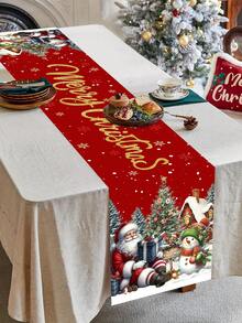 1pc Rustic Christmas Table Runner 35x180cm Santa Claus&Snowman Pattern Polyester Table Cover For Indoor/Outdoor Christmas Parties Supplies, Events, Festive Kitchen Dining Room Table Decorations Merry Christmas Decor 2025 Farmhouse Home Decor - Multicolor - View 3