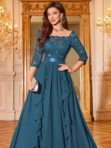 MIUSOL Sequin Floral Lace Boat Neck 3/4 Sleeve Chiffon Ruffle Trim Pleated Hem Formal Party Maxi Dress