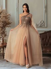 Vestido de Festa de Gala de Champanhe Transparente com Ombro Único, com Corpete Justo Listrado com Contas e Capa - Vestido de Baile Formal com Fenda Alta, Adequado para Ocasiões de Luxo - Caqui - Visão 4