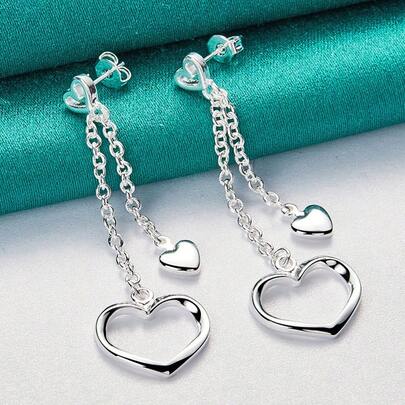 925 Sterling Silver Plated Hollow Solid Heart Earrings Eardrop For Women Charm Wedding Fashion Engagement Jewelry