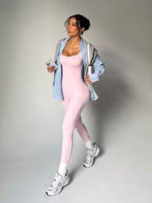 Daring Backless Design - Reveals Toned Back With Secure Fit, Waist-Defining Silhouette, Booty-Lifting Fit, Versatile Style - From Gym Sessions To Night Outs, Siren Sport Night Out Active Curve Enhancer, Sexy Workout Romper, Backless Fitness Jumpsuit, Booty-Lifting Jumpsuit, Waist-Cinching V-Cut With Ruching Detail, Sexy Backless Jumpsuit - Pink - View 5