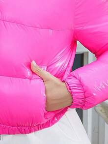 ZIAI Neon Pink Elastic Hem Slant Pocket Zipper Padded Coat - Pink - View 10