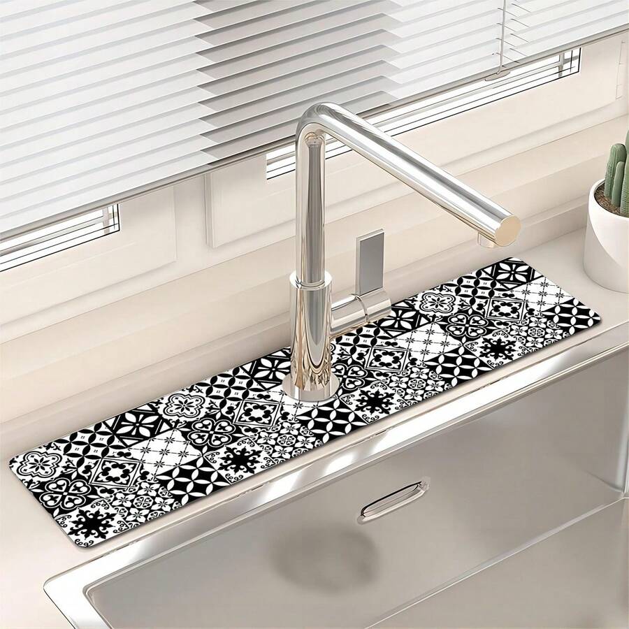 1pc Retro Pattern Texture Non-Slip Silicone Faucet Stain-Resistant Washable Drainage Pad, Patterned Floor, Kitchen Drainage Pad, Suitable For All Kinds Of Faucets In Bathroom And Kitchen.