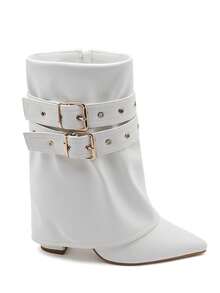 Bottines Femme Talon Bas Avec Doubles Boucles Dorées – Style élégant En Simili Cuir - White - View 2