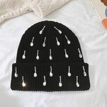 Knit Rhinestone Embellished Hat For Women, Winter Warm Beanies Cap For Outdoor Shopping, Dating, Ski - 黑色 - 查看 5