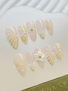 10片/套 手工亚克力按压式美甲贴片，中长杏仁形、法式、蓝色、3D花卉、3D条纹、3D雕刻、渐变美甲。美甲用品，假指甲，可卸式假指甲，美甲配件，适合派对、舞蹈、日常佩戴、学生派对、角色扮演，可重复使用，包含果冻胶和指甲锉，DIY美甲用品。 - 黃色 - 查看 13