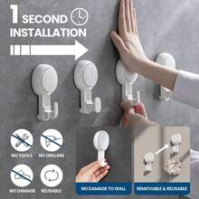 4pcs Powerful Suction Cup Hooks And No Drill Wall Mounted Towel Rack, Kitchen Hooks, No Drilling Required, Reusable, Waterproof, 360° Rotation, 2pcs Shower Hooks, 1pc Towel Rack, Kitchen Suction Cup Hooks, Suitable For Bathroom, Wall, Bathrobe, Coat, Practical Hooks - White - View 2