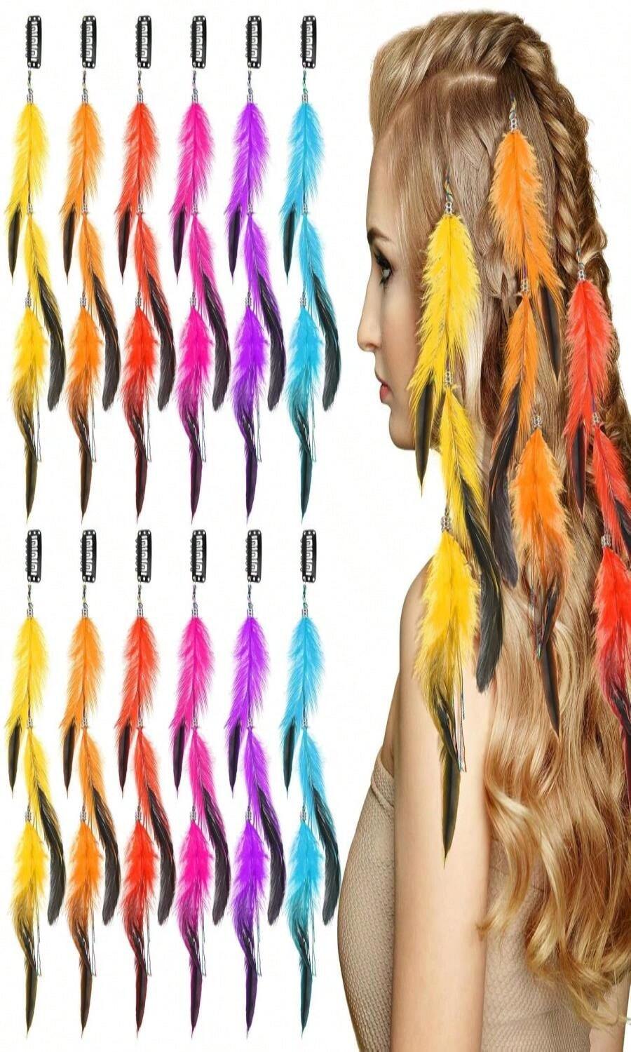 Geyoga 12 Pcs Clip In Hair Feathers Extensions For Women Colored Boho Feather Hair Clips Halloween Cosplay Costume Carnival Party Headdress Accessory Gifts(Brown, Black, Dark Coffee,Standard) - ColorE - 查看 1