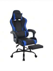 Ergonomic Racing Style Gaming Chair | Computer Desk Chair With Adjustable Lumbar Support | Breathable, Reclinable Design For Long Gaming/Work Hours - 藍色 - 查看 2