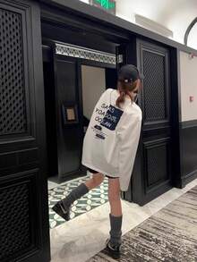 Áo thun dài tay in chữ và hoạt hình chất liệu cotton dáng rộng dành cho nữ, đa năng cho mùa xuân và mùa thu - trắng - Xem 1