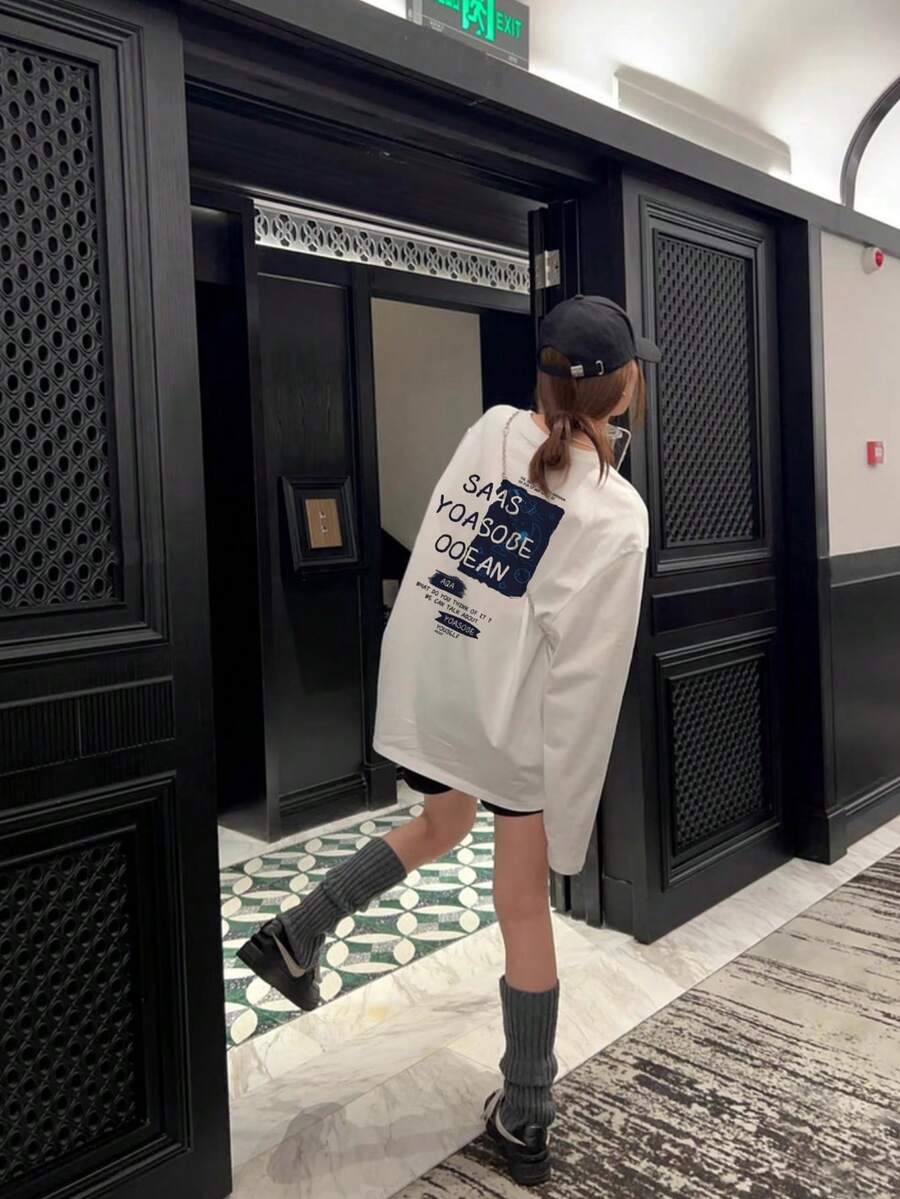 Áo thun dài tay in chữ và hoạt hình chất liệu cotton dáng rộng dành cho nữ, đa năng cho mùa xuân và mùa thu - trắng - Xem 1
