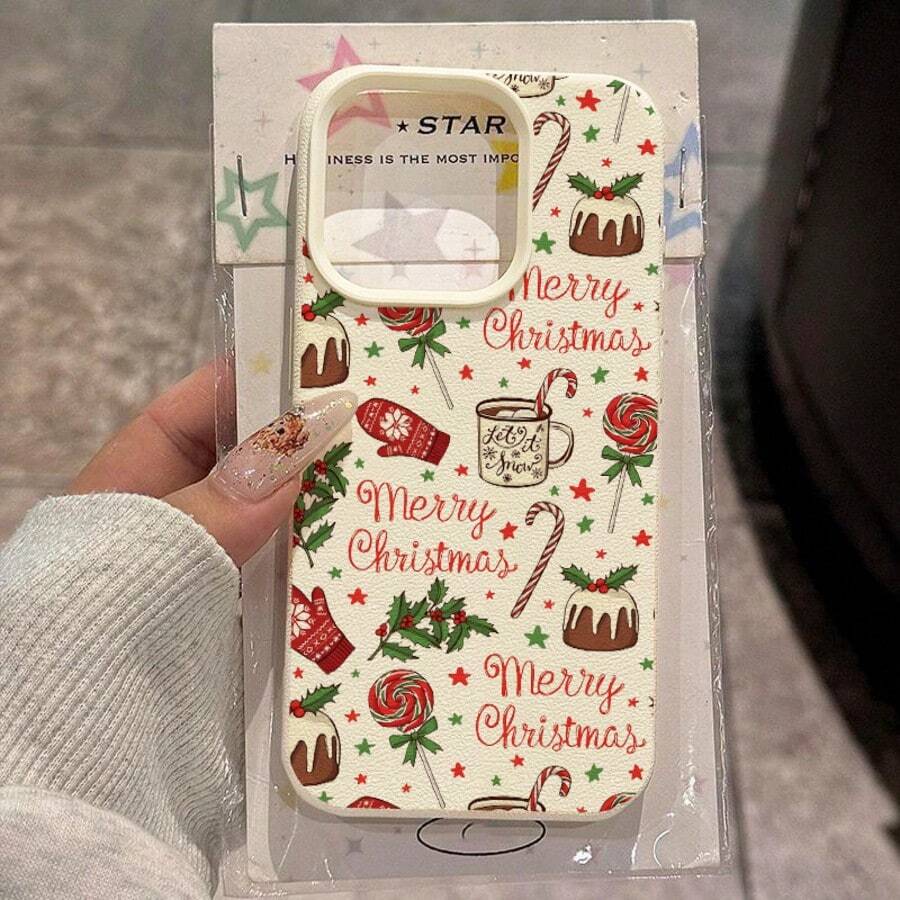1pc TPU Material Festive Cozy Christmas Pudding & Candy Cane Pattern Phone Case Compatible With Iphone/ Phones,International Version, Not The Domestic Version - White - View 1