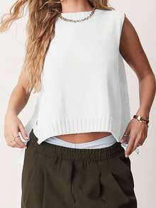 Women's Knit Tank Tops Sleeveless Crew Neck Solid Color Side Tie-Up Loose Fit Vest For Summer Spring Fall - 白色 - 查看 6