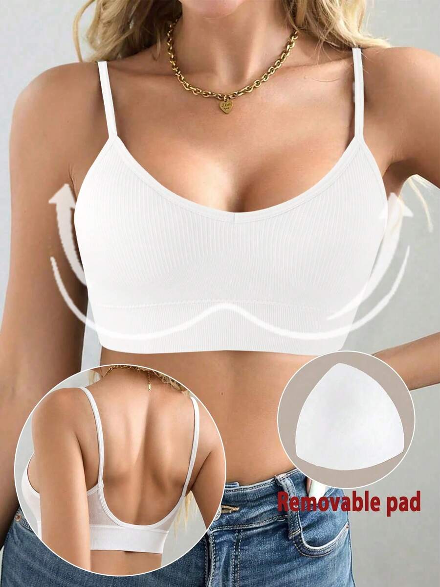 女士无缝加厚运动文胸，性感瑜伽基础款，黑色 - 白色 - 查看 1