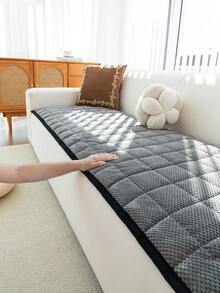 1pc Solid Color Plush Sofa Cover - Modern Non-Slip Warm Sofa Protector, Black Edged Bottom Sofa Cushion, Fits Single To Four-Seater Sofa - Machine Washable Polyester Home Decor