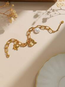 Mazuer 1 Stück 18K vergoldetes Edelstahl Vintage Stil personalisiertes Perlen Herz Schildkröten Armband, Geschenk für Frauen, Y2K Western Schmuck, geeignet für Schulanfang, Feiertage, Partys, Alltag, Urlaub