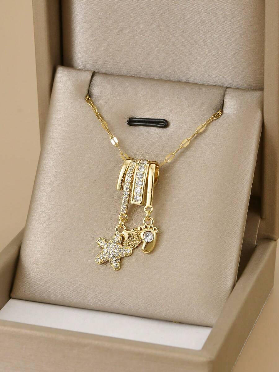 1 件时尚方晶锆石几何不锈钢女士项链，适合日常佩戴，饰有海星、贝壳、足迹、八瓣花、蝴蝶、莲花、八角星、向日葵、硬币徽章，金色首饰，高品质镀金项链，女士黄金首饰，万圣节礼物，圣诞节礼物 - 海星貝殼 - 查看 1