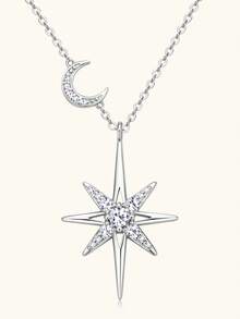 XUJIA 1PC Fashion Elegant Star&Moon Moissanite Pendant Necklace 925 Sterling Silver 3mm&2mm&1mm(0.28ctw) Necklace For Women Birthday Anniversary Valentine's Day Wedding Engagement Jewelry Gifts