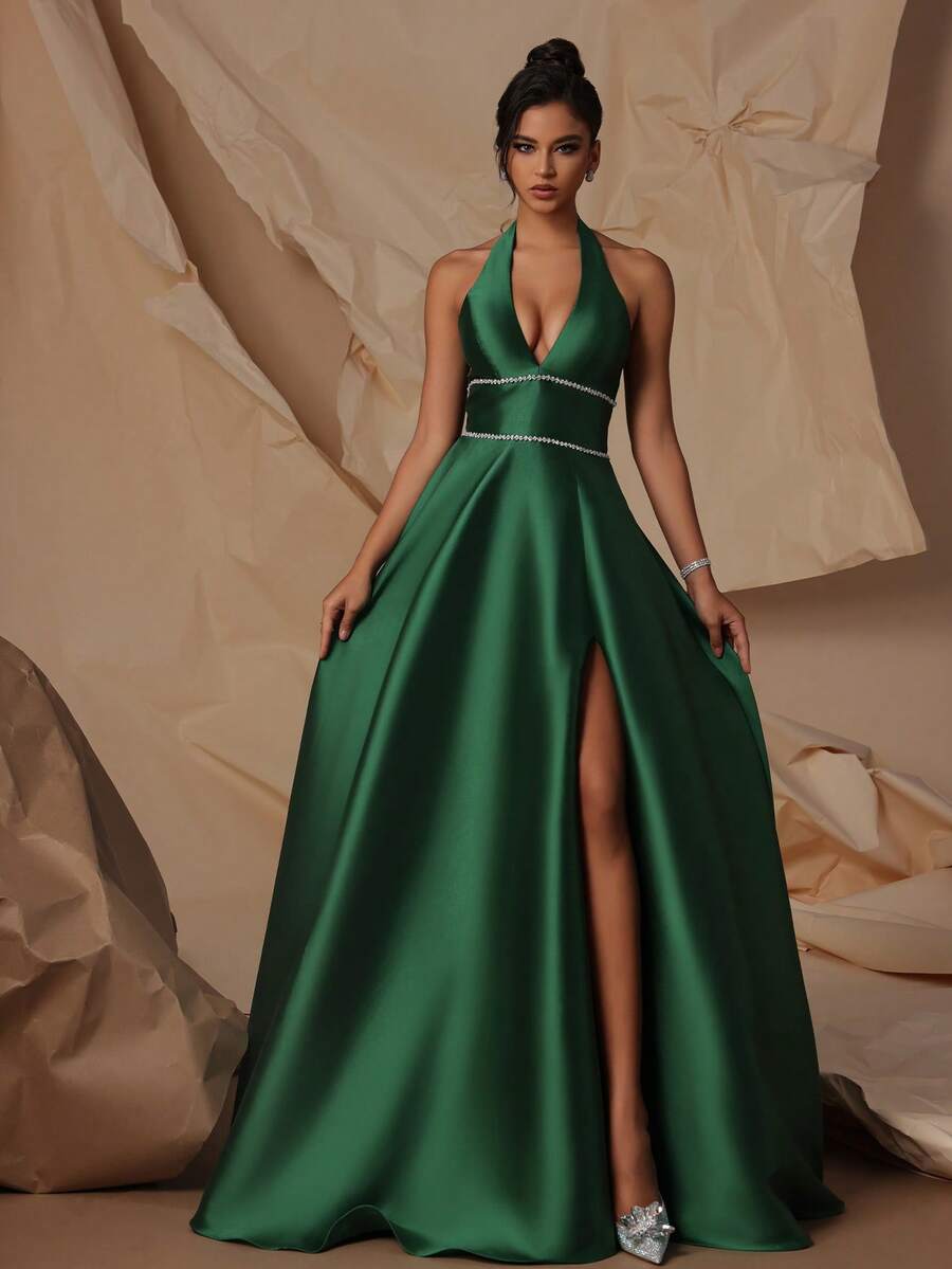 VIPGIRL Robe de soirée élégante pour femme sans manches, dos nu, à bretelles spaghetti, décorée de sequins contrastés, fente haute sur la cuisse, en tissu tissé long dos nu - Vert - Voir 1