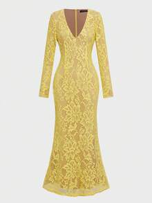 魅力优雅性感假日约会极简派对长袖蕾丝边V领紧身连衣裙 - 黃色 - 查看 2