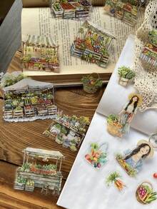 20pcs/Pack Cute Cartoon Girl, Flower, Vegetable, Food, Fruit Market Sticker Set, Vintage Adorable Stickers For Scrapbooking, Diary, Planner, Decor, Waterproof PET, Party Favors