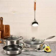 2/3pcs锅具三件套家用炒锅汤锅煎锅电磁炉燃气通用 - 銀色 - 查看 2