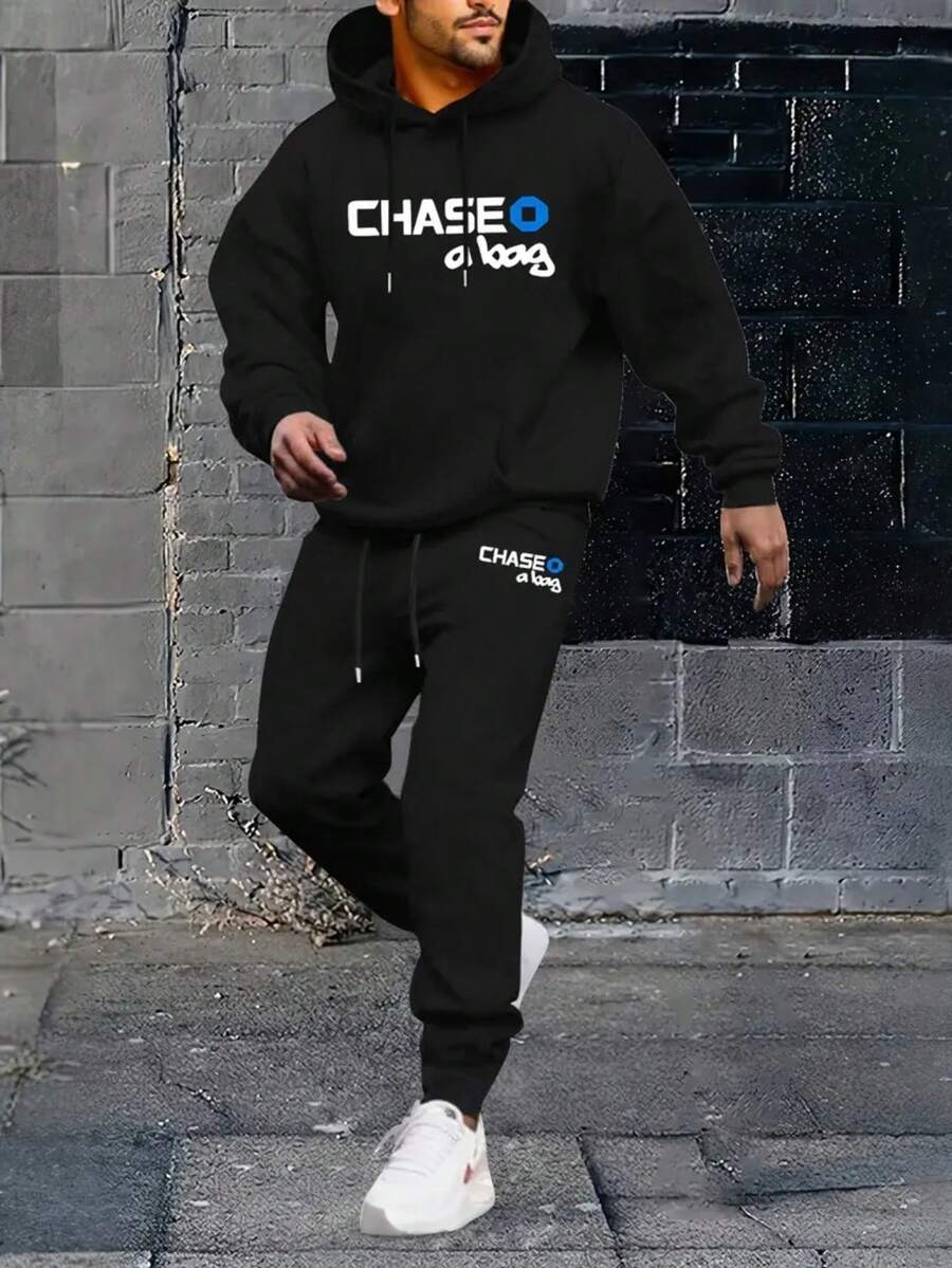 Men's Casual Sportswear Set - Geometric Print Hoodie & Joggers, Stretch Polyester, Machine Washable - Perfect For Fall/Winter - 黑色13 - 查看 1