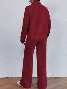 Women's Simple Solid Color Elegant Two-Piece Suit Turtleneck Pullover With Matching Wide-Leg Pants Autumn And Winter Casual Striped Ribbed Knitted Home Clothes - Đỏ - Xem 3