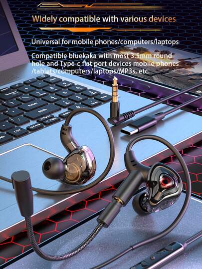 VAORLO E-Sports Gaming Headset 360° Surround Sound Hifi Stereo Wired Headphones 3.5mm/Type-C Input/USB Port/3.5mm Dual Jack/In-Ear Dual Microphone Gaming Headset Game Low Latency Earbuds Compatible With Laptops/Desktops/Mobile Phones/Tablets