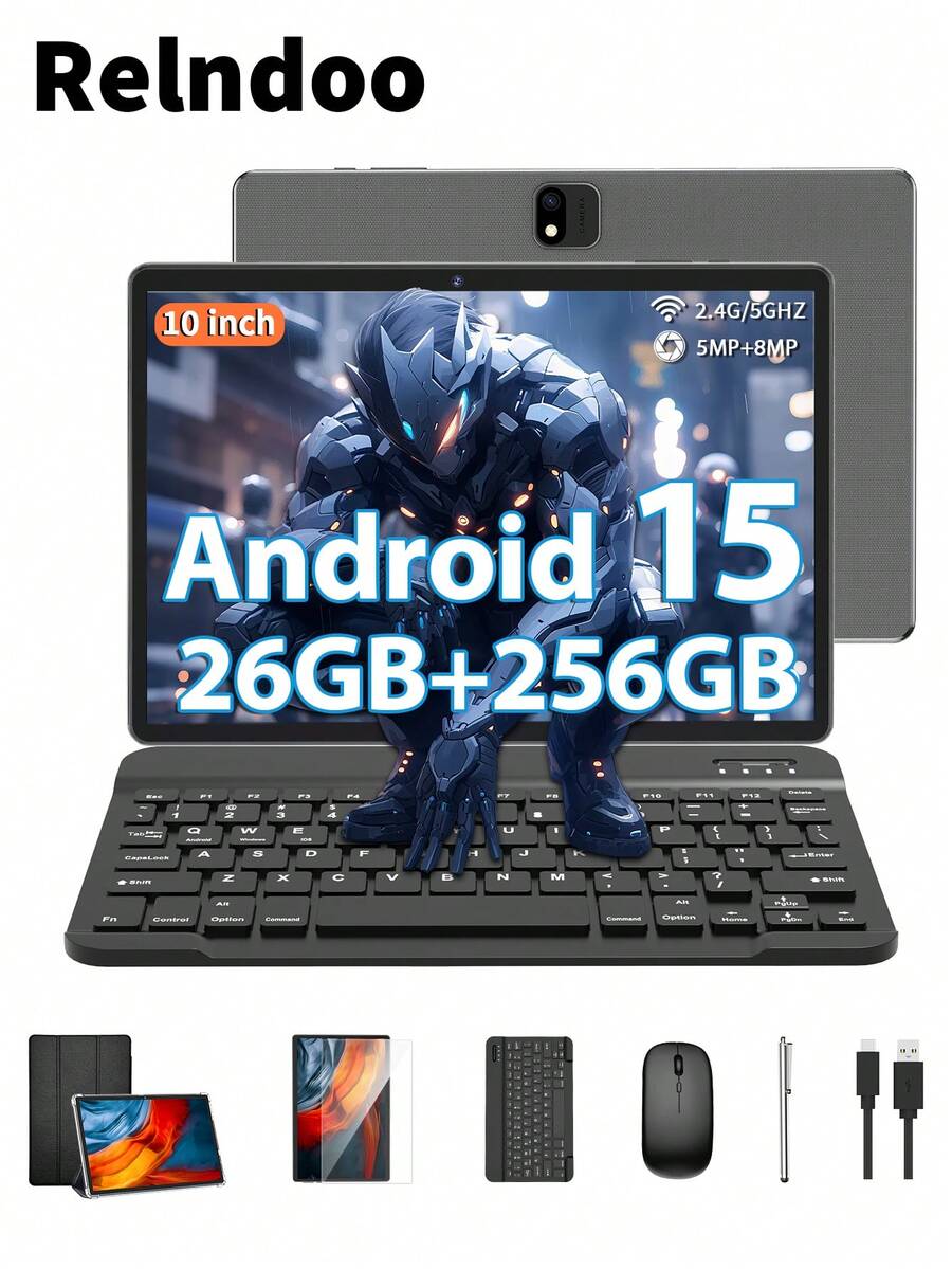 Relndoo 2025 Android 15 Tablet, 10,1-Zoll-Tablet mit Tastatur, 4-Core CPU, 26GB RAM+256GB ROM, 2,4g+5g Wi-Fi, 1280*800 IPS FHD Bildschirm, 5MP+8MP Dual-Kamera, Type-C-Anschluss, 6000mAh, Unterstützt bis zu 1TB SD-Karten-Expansionsfähigkeit, 2-in-1 Tablet mit Tastatur, Maus, Stift, Hülle und Bildschutzfolie (ohne Adapter) - Schwarz