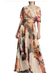 2025 Summer Bohemian Vacation Style Lace-Up Lolita Flared Dress Printed Dress - 杏色 - 查看 1