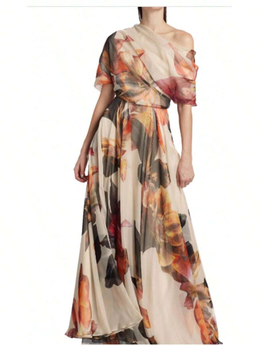 2025 Summer Bohemian Vacation Style Lace-Up Lolita Flared Dress Printed Dress - 杏色 - 查看 1