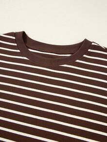 Acelitt Women's Brown Striped Print Ribbed Crew Neck Long Sleeve All-Match T-Shirt, Versatile For Autumn/Winter - Brown - View 7