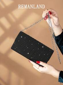 REMANLAND 1 geantă de mână elegantă, plisată, strălucitoare, pentru doamne, portofel de seară la modă și superb, geantă pătrată mică, tip plic, cu compartiment ascuns pentru carduri, geantă de umăr cu lanț metalic detașabil pentru petrecărețe, mireasă, cel mai bun cadou pentru festival.