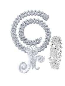 银色女士项链 A-Z 首字母个性化嘻哈经典蝴蝶字母吊坠链项链和手链套装饰物 26 个幸运字母，适合男女日常佩戴情人节时尚珠宝礼物，妈妈，母亲，母亲节，礼物 - 蝴蝶型 - 查看 63