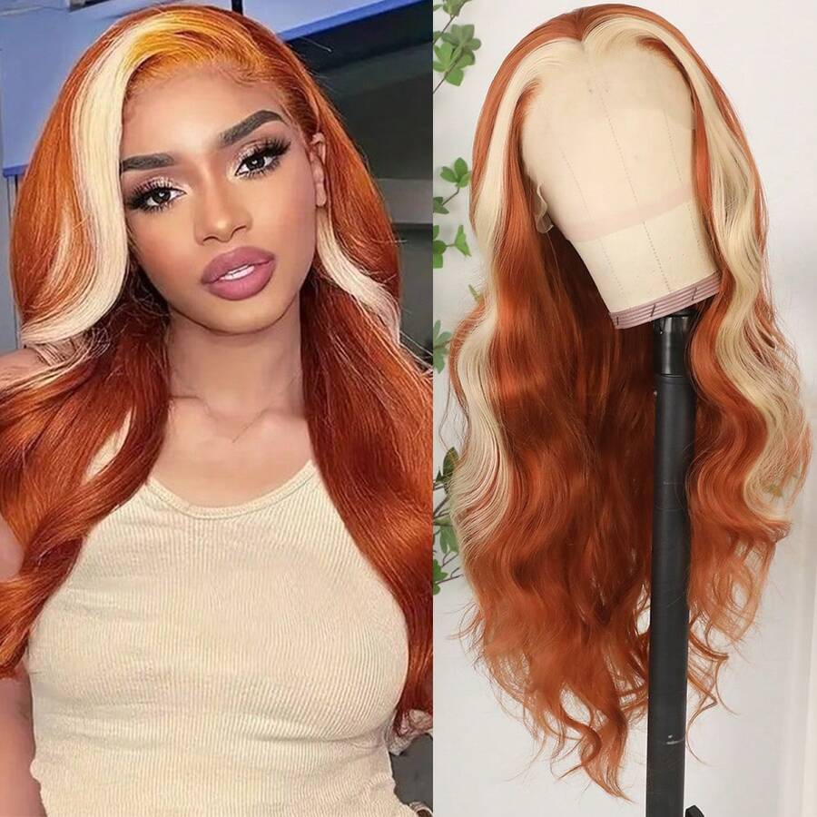 13X4 Free Part Ombre Pink Body Wave Synthetic Lace Front Wigs For Women 28 Inch Long Wavy Hair Wigs Glueless Soft Pink Ombre Colored Wigs Heat Resistant Christmas Wig Natural Long Wave Lace Front Wigs For Daily Party Cosplay Use - 挑染金色 - 查看 1