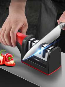 [Professional Knife Sharpener] 3-Stage Professional Knife Sharpener - Enhanced Grip Handle, Tungsten & Ceramic Sharpening Stones, Easy Clean Detachable Head, Durable Construction, Non-Food Contact - Red - View 2