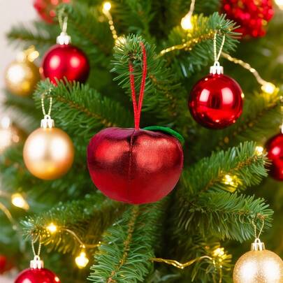 1 قطعة زينة على شكل تفاحة حمراء للكريسماس، بتشطيب معدني مع حبل للتعليق، ديكور عيد الميلاد، زينة عيد