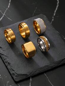 5pcs Stainless Steel Personalized Men's Ring Set, Includes 1 Chain, Matte Finish, Stress Relief Rings, Suitable For Men & Women, Daily Matching, Perfect Gift For Holidays, Dates