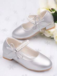 女童珍珠公主鞋，白色皮鞋，中跟，春秋 - 灰色 - 查看 3