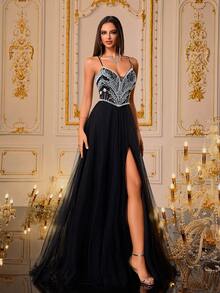 VIPGIRL SHEINXHannah 女士黑色亮片舞会礼服，性感高开叉薄纱晚礼服，奢华网眼正式长裙，优雅闪亮舞会礼服，女士婚礼宾客礼服，女士毕业礼服 - 黑色 - 查看 9