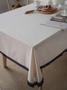 1 pieza Mantel con ribete de encaje blanco y azul marino estilo granja vintage, crea una atmósfera acogedora en el hogar, decoración diaria para la mesa de comedor familiar - Blanco - Ver 11